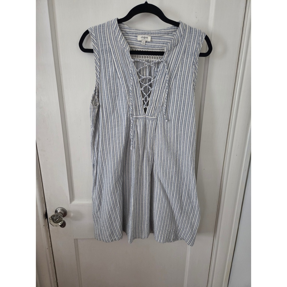 Umgee USA Blue White Striped Lace Up V-Neck Sleeveless Tunic Dress Large